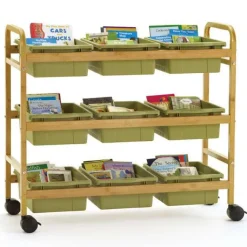 Copernicus Bamboo Book Browser Cart w/ 9 Open Storage Bins^ Tote & Bin Storage|Book Carts