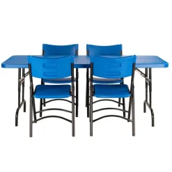 National Public Seating Blue Plastic Folding Table & Chair Set- 30'' x 72'' Rectangle Folding Table with 4 Blue Folding Chairs^ Folding Chairs|Folding Tables & Chairs