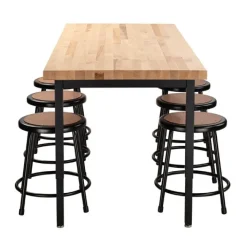 National Public Seating Butcher Block Height Adjustable Table (30'' x 72'') with 6 Black Frame Stools^ Activity Table & Chair Packages|Makerspace & Shop