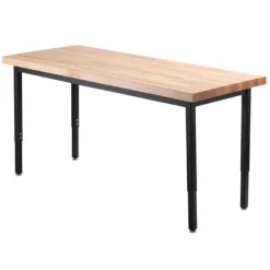 National Public Seating Butcher Block Height Adjustable Table (30'' x 72'') with 6 Black Frame Stools^ Activity Table & Chair Packages|Makerspace & Shop