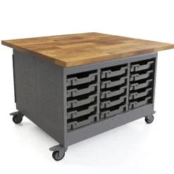 Smith System Cascade Maker Table with Butcher Block Top^ Tote & Bin Storage|Mobile Cabinets