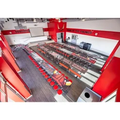 AmTab Customizable Mobile Bench Cafeteria Table (10' L)^ New- Custom Logo Cafeteria Tables