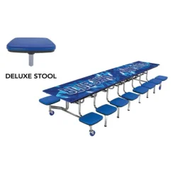 AmTab Customizable Mobile Stool Cafeteria Table - 16 Stools (12' L)^ New- Custom Logo Cafeteria Tables