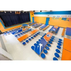 AmTab Customizable Mobile Stool Cafeteria Table - 16 Stools (12' L)^ New- Custom Logo Cafeteria Tables