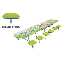 AmTab Customizable Mobile Stool Cafeteria Table - 12 Stools (12' L)^ New- Custom Logo Cafeteria Tables