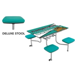 AmTab Customizable Mobile Stool Cafeteria Table - 4 Stools (4' L)^ New- Custom Logo Cafeteria Tables