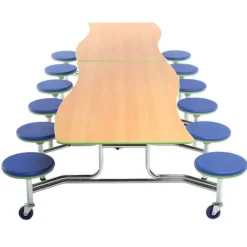 AmTab Customizable Ocean Wave Top Mobile Stool Cafeteria Table - 12 Stools (12' L)^ New- Custom Logo Cafeteria Tables