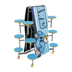 AmTab Customizable Ocean Wave Top Mobile Stool Cafeteria Table - 12 Stools (10' L)^ New- Custom Logo Cafeteria Tables