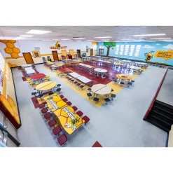 AmTab Customizable Ocean Wave Top Mobile Stool Cafeteria Table - 12 Stools (10' L)^ New- Custom Logo Cafeteria Tables