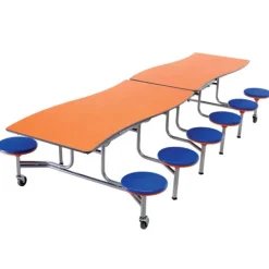 AmTab Customizable Ocean Wave Top Mobile Stool Cafeteria Table - 12 Stools (10' L)^ New- Custom Logo Cafeteria Tables