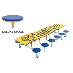 AmTab Customizable Ocean Wave Top Mobile Stool Cafeteria Table - 12 Stools (10' L)^ New- Custom Logo Cafeteria Tables