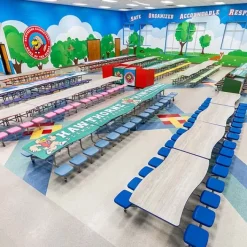 AmTab Customizable Ocean Wave Top Mobile Stool Cafeteria Table - 16 Stools (12' L)^ New- Custom Logo Cafeteria Tables