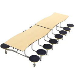 AmTab Customizable Ocean Wave Top Mobile Stool Cafeteria Table - 16 Stools (12' L)^ New- Custom Logo Cafeteria Tables