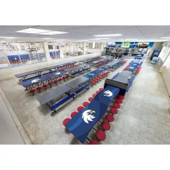 AmTab Customizable Ocean Wave Top Mobile Stool Cafeteria Table - 16 Stools (12' L)^ New- Custom Logo Cafeteria Tables