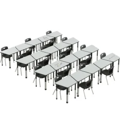 Correll Dry Erase Deluxe HPL Height Adjustable Collaborative Desk Package w/ 20 Trapezoid Desks & 20 Chairs^ Desk & Chair Packages|Classroom Desks & Chairs