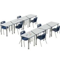 Correll Dry Erase Deluxe HPL Height Adjustable Collaborative Desk Package w/ 8 Trapezoid Desks & 8 Chairs^ Desk & Chair Packages|Classroom Desks & Chairs