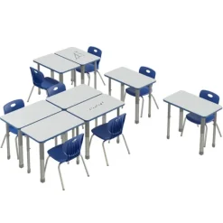 Correll Dry Erase Deluxe HPL Height Adjustable Collaborative Desk Package w/ 8 Rectangle Desks & 8 Chairs^ Desk & Chair Packages|Classroom Desks & Chairs
