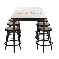 National Public Seating Dry Erase Height Adjustable Table (30'' x 72'') with 6 Black Frame Stools^ Dry Erase|Activity Table & Chair Packages