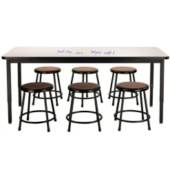 National Public Seating Dry Erase Height Adjustable Table (30'' x 72'') with 6 Black Frame Stools^ Dry Erase|Activity Table & Chair Packages