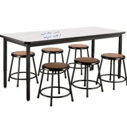 National Public Seating Dry Erase Height Adjustable Table (30'' x 72'') with 6 Black Frame Stools^ Dry Erase|Activity Table & Chair Packages