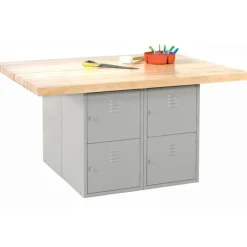 Diversified Spaces Four-Station Steel Workbenches with Locker Base^ Makerspace & Shop