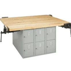 Diversified Spaces Four-Station Steel Workbenches with Locker Base^ Makerspace & Shop