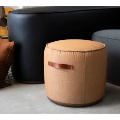 Community Indie Large Round Pouf w/ Leather Handles - 16-1/2" H^ Soft Seating