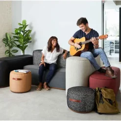 Community Indie Large Round Pouf w/ Leather Handles - 16-1/2" H^ Soft Seating