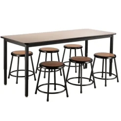 National Public Seating Laminate Height Adjustable Table (30'' x 72'') with 6 Black Frame Stools^ Activity Table & Chair Packages|Makerspace & Shop