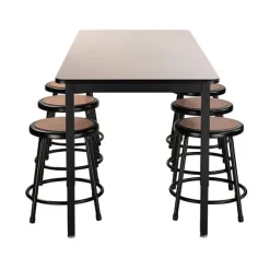 National Public Seating Laminate Height Adjustable Table (30'' x 72'') with 6 Black Frame Stools^ Activity Table & Chair Packages|Makerspace & Shop
