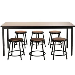 National Public Seating Laminate Height Adjustable Table (30'' x 72'') with 6 Black Frame Stools^ Activity Table & Chair Packages|Makerspace & Shop