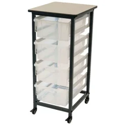 Luxor Mobile Single Row Clear Bin Storage Unit^ Tote & Bin Storage|Mailroom & Sorters