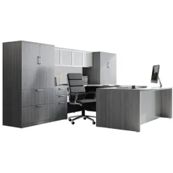 OfficeSource OS Laminate Bow Front Executive Desk w/ Deluxe Full Pedestal & Wall Storage Unit^ Office Suites