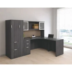 OfficeSource OS Laminate L-Shaped Desk Suite w/ Hutch & Wardrobe Cabinet^ Office Suites