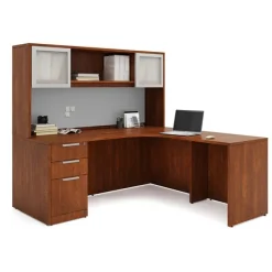 OfficeSource OS Laminate L-Shaped Desk Suite w/ Hutch & 2 Glass Doors^ Office Suites